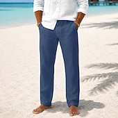  Herren Leinenhosen Hose Anzughose Sommerhose Strandhose Tasche Einfach Komfort Atmungsaktiv Volle Länge Lässig Täglich Outdoor Urlaub Mode Khaki Schwarz Unelastisch