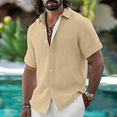 cheap Vacation-Men's Shirt Linen Shirt Summer Shirt Beach Wear Button Up Shirt Color Block Vacation Holiday White Black Sky Blue Green Short Sleeves Shirt Collar Summer Spring Clothing Apparel
