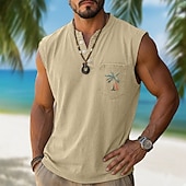 abordables Camiseta informal tipo henley-Men's 100% Cotton Acid Wash Shirt Sleeveless Shirt Sleeveless Henley Summer Solid Color Ocean Coconut Casual Garment Dyed Faded Vintage Washed Casual Daily Streetwear Blue Black Purple Top Tee for Men