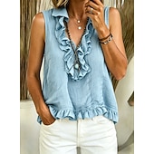  Mulheres Camisa Social Blusa Frufru Côr Sólida Moda Diário Casual Sem Manga Decote V Tops longos Casual Preto Branco Rosa Castanho Claro Azul Céu Verão Primavera