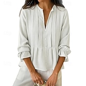  Mujer Camisa Blusa Frunce Color sólido Plano Elegante Moda Diario Manga Larga Campana Escote en Pico Tops largos Casual Diario Rojo Azul cielo Color Caquí Verano Primavera