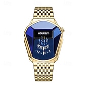 economico Orologi al quarzo-Orologio da polso di lusso da uomo in oro, design creativo a scudo triangolare con esclusivo display a disco rotante, cristallo blu sfaccettato, cinturino in acciaio inossidabile, impermeabile,