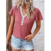  Mujer Camiseta Camiseta superior Encaje Retazos Color sólido Elegante Moda Estilo lindo Manga Corta Mangas anchas Escote en Pico Tops regulares Casual Negro Rosa Vino Azul Marino Marrón Verano