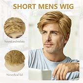 preiswerte Herrenperücken-Kurze, blonde, gestufte Herrenperücke mit natürlichen Wellen, hitzebeständig, aus Synthetik – ideal für Männer, lustige Perücken für Alltag, Partys, Kostüme, Cosplay und Halloween.