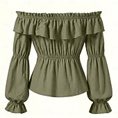  中世 ルネッサンス ブラウス / シャツ 長袖 海賊 バイキング オフショルダー 仮装 女性用 海賊 ファンタジー ハロウィーン カーニバル 性能 LARP レンフェア 成人 ブラウス