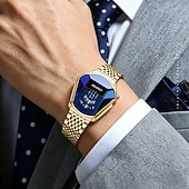 economico Orologi al quarzo-Orologio da polso di lusso da uomo in oro, design creativo a scudo triangolare con esclusivo display a disco rotante, cristallo blu sfaccettato, cinturino in acciaio inossidabile, impermeabile,