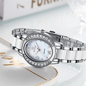 cheap Quartz Watches-Women's Rose Gold Fashion Watch, White Ceramic Style Link Bracelet, Mother of Pearl Dial with Crystal Bezel, Elegant Quartz Dress Wristwatch for Ladies, Perfect Jewelry Gift for Her