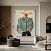 cheap Cowboys-Hand Painted Minimalist Cowboy Oil Painting Western Portrait Man Wall Art Sage Green Figure Canvas for Dad Ranch Decor