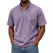 baratos Polo Clássico Masculino-SoftFade™ Men's Polo Shirts Acid Wash Shirt Casual Work Quarter Zip Ribbed Polo Collar Short Sleeve Fashion Basic Plain Zipper Pocket Summer Spring Blue Violet Navy Blue Green