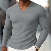economico T-shirt in maglia a coste-Per uomo Maglietta Canotta Muscolare Maglietta a Maglia a Coste Camicia a Maniche Lunghe Manica Lunga Scollo a V Primavera Autunno Inverno Semplice Striscia di Fossa Moda Designer Essenziale Lavoro a