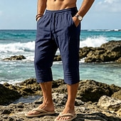 cheap Holiday-Men's Capri shorts Linen Pants Summer Pants Beach Pants Drawstring Pocket Elastic Drawstring Waist Solid Color Comfort Breathable Calf-Length Daily Outdoor Beach Vacation Fashion White Khaki Inelastic