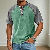 cheap Casual Henley Tee-Men's Henley Shirt Cotton Acid Wash Shirt Short Sleeve Color Block Patchwork Washed Retro Vintage Casual Henley Patchwork Vintage Style Color Block Henley Casual Summer Spring All Seasons Black