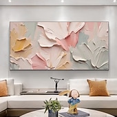 abordables Peintures fleurs/botaniques-Tableau à l'huile unique, peint à la main, abstrait, représentant une fleur rose crème sur toile texturée 3D. Décoration murale printanière pour salon, aux couleurs douces et texturées.