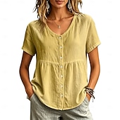 voordelige Effen Blouses-Dames Overhemd Blouse Lapwerk Knop Effen Kleur Elegant Casual Korte mouw Strakke ronde hals Normale tops Casual geel groen Zwart Wit Wijn Lichtgrijs Lente