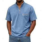 baratos Polo Clássico Masculino-SoftFade™ Men's Polo Shirts Acid Wash Shirt Casual Work Quarter Zip Ribbed Polo Collar Short Sleeve Fashion Basic Plain Zipper Pocket Summer Spring Blue Violet Navy Blue Green