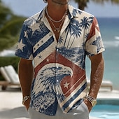  2026 250º Camisa Masculina com Estampa de Águia Bandeira Americana Camisa de Palma de Coco Verão Camisa Botão Manga Curta Patriótica Outdoor Festival Verão Primavera Golinha Impressão 3D Camisas
