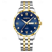 abordables Relojes de Cuarzo-Reloj de negocios de lujo para hombre Sunkta, esfera verde, correa de acero inoxidable bicolor, resistente al agua, movimiento de cuarzo con calendario de día y fecha, números romanos, marcadores de
