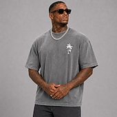 ieftine Tricou grafic pentru bărbați-Tricou bărbătesc cu imprimeu hawaian din frunze de palmier și nucă de cocos, 100% bumbac, spălat acid, gros, tricou cu mânecă scurtă, guler rotund, stil DTG, îmbrăcăminte la modă, stil zilnic,