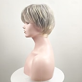 economico parrucca più vecchia-Parrucca corta biondo cenere con taglio pixie e radici scure - capelli sintetici testurizzati a strati per donna, parrucca affusolata e di tendenza per l'uso quotidiano.