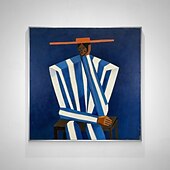 abordables Pinturas de personas-Handmade Oil Painting Canvas Wall Art Decoration Suburban Style Blue and White Figures for Home Decor Rolled Frameless Unstretched Painting