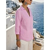  Per donna Cotone lavato Camicia di lino Testurizzato Vintage Manica 3/4 Colletto a Camicia Bianco Nero Rosa Primavera, Autunno, Inverno, Estate