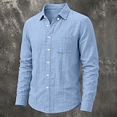 baratos Clássico-Masculino Camisa Social Camisa de linho camisa de verão camisa de botão Tecido Casual Roupa Diária Preto Branco Verde Claro Rosa Manga Longa Aberto para a Lateral Primavera Verão Verão Roupa Bolso