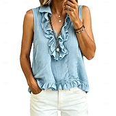  Mulheres Camisa Social Blusa Frufru Côr Sólida Moda Diário Casual Sem Manga Decote V Tops longos Casual Preto Branco Rosa Castanho Claro Azul Céu Verão Primavera