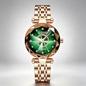 economico Orologi al quarzo-Orologio di lusso da donna, elegante quadrante sfaccettato verde smeraldo con bracciale a maglie in acciaio inossidabile color oro rosa, orologio da polso al quarzo alla moda per signore, dettagli in