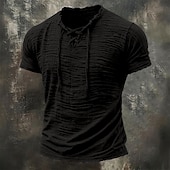  Men's T Shirt Linen T-Shirt Short Sleeve Lace Up Neck Summer Spring All Seasons Solid Color Textured Vacation Vintage Sports Raw Edge Casual Home Outdoor White Wine khaki Top Tee for Men