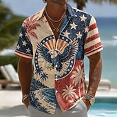  2026 250º Camisa Masculina com Estampa de Águia Bandeira Americana Camisa de Palma de Coco Verão Camisa Botão Manga Curta Patriótica Outdoor Festival Verão Primavera Golinha Impressão 3D Camisas