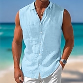 cheap Vacation-Men Shirt Linen Shirt Summer Shirt Beach Wear Button Up Shirt Plain Casual Daily White Pink Light Blue Sleeveless Collar Summer Spring Clothing Apparel