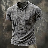  Men's T Shirt Linen T-Shirt Short Sleeve Lace Up Neck Summer Spring All Seasons Solid Color Textured Vacation Vintage Sports Raw Edge Casual Home Outdoor White Wine khaki Top Tee for Men