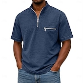 baratos Polo Clássico Masculino-SoftFade™ Men's Polo Shirts Acid Wash Shirt Casual Work Quarter Zip Ribbed Polo Collar Short Sleeve Fashion Basic Plain Zipper Pocket Summer Spring Blue Violet Navy Blue Green