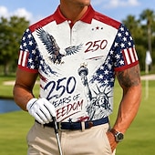  4 luglio 2026 250° Per uomo Bandiera Americana Golf Polo Sportivi Manica Corta Magliette polo Camicie con Colletto Casual Athleisure Stampa 3D Bottoni Tessuto retato traspirante Estate Primavera Blu