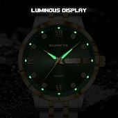 abordables Relojes de Cuarzo-Reloj de negocios de lujo para hombre Sunkta, esfera verde, correa de acero inoxidable bicolor, resistente al agua, movimiento de cuarzo con calendario de día y fecha, números romanos, marcadores de