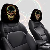 abordables Sala de estar-Fundas para reposacabezas de coche con cabeza de calavera fluorescente de neón (2/4 unidades), estampado de calavera de neón moderno y atractivo, decoración interior de coche personalizada, ajuste