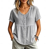 voordelige Effen Blouses-Dames Overhemd Blouse Lapwerk Knop Effen Kleur Elegant Casual Korte mouw Strakke ronde hals Normale tops Casual geel groen Zwart Wit Wijn Lichtgrijs Lente
