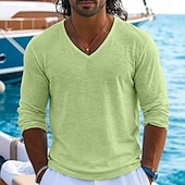 abordables Camisetas de Algodón y Lino-Hombre Camiseta superior Camiseta de lino Manga Larga Escote en Pico Verano Primavera Primavera verano Color sólido Plano Con Texturas Diario Casual Estilo callejero Puro Casual Exterior Calle Azul