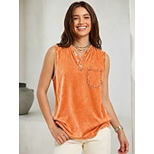 Mulheres 100% Algodão Camisa Henley Lavado Lavagem ácida Lavagem vintage Vintage Moda à moda Sem Manga Mangas Raglã Henley Tops regulares Casual Praia Azul Roxo Laranja Verão Primavera