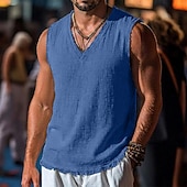 abordables Tank Tops-Men's Linen Tank Top Sleeveless Shirt Sleeveless V Neck Spring &amp; Summer Summer Plain Fashion Designer Basic Soft Raw Edge Casual Beach Vacation Blue Black Red Top Tee for Men