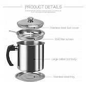  Coletor de gordura para bacon com cabo em aço inoxidável 304, com escorredor e tampa. &Bandeja antiderrapante, recipiente para gordura de cozinha com capacidade para 1,3 l/44 oz, filtro de malha fina