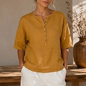 abordables Blusas Sencillas-Mujer Camisa Botones Color sólido Vintage Manga 3/4 Cuello Barco Casual Blanco Amarillo Verde Trébol Verano Primavera