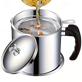  Coletor de gordura para bacon com cabo em aço inoxidável 304, com escorredor e tampa. &Bandeja antiderrapante, recipiente para gordura de cozinha com capacidade para 1,3 l/44 oz, filtro de malha fina
