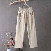  Mulheres Calças de linho de algodão Calças Calça verão Calças largas Sólido Clássico Mimolet Cintura Média Bolsos Folgado Design de cordão elástico Conforto Respirabilidade Macio Micro-Elástica