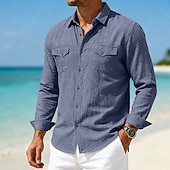 abordables Vacances-Hommes Chemise Chemise en lin Chemise d'été Tenue de plage Chemise Boutonnée Uni Occasionnel Quotidien Bleu Rose Claire bleu marine Bleu de minuit manche longue Col Printemps &amp; Été Été Vêtement Tenue