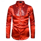 cheap Men's Satin Shirts-Men's Shirt Satin Shirt Dress Shirt Casual Shirt Solid Color Outdoor Work Black White Red Navy Blue Long Sleeve Turndown Summer Spring Clothing Apparel Sequins