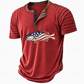 abordables Casual Henley Tee-Men's American US Flag Fish Henley Shirt Raglan T Shirt Short Sleeve Fashion Designer Casual Casual Daily Outdoor Summer Blue Gray Green Red Beige Henley Collar Henley Henley T-Shirt