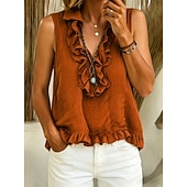  Mulheres Camisa Social Blusa Frufru Côr Sólida Moda Diário Casual Sem Manga Decote V Tops longos Casual Preto Branco Rosa Castanho Claro Azul Céu Verão Primavera