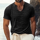 cheap Cotton Linen T-shirts-Men's T Shirt Linen T-Shirt Short Sleeve V Neck Summer Spring Solid Color Plain Textured Vacation Vintage Sports Raw Edge Distressed Casual Home Outdoor White Black Wine Top Tee for Men