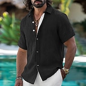 cheap Vacation-Men's Shirt Linen Shirt Summer Shirt Beach Wear Button Up Shirt Color Block Vacation Holiday White Black Sky Blue Green Short Sleeves Shirt Collar Summer Spring Clothing Apparel